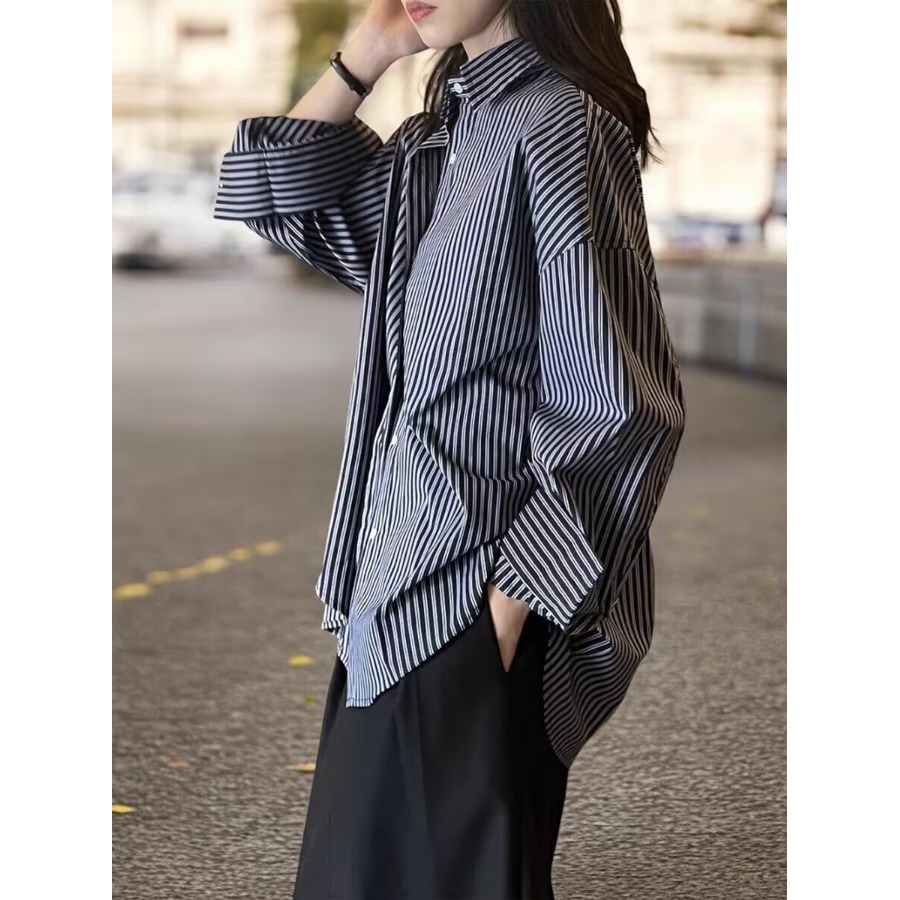 Vintage Fashion Hong Kong - Kemeja Wanita Lengan Panjang Longgar Bergaris