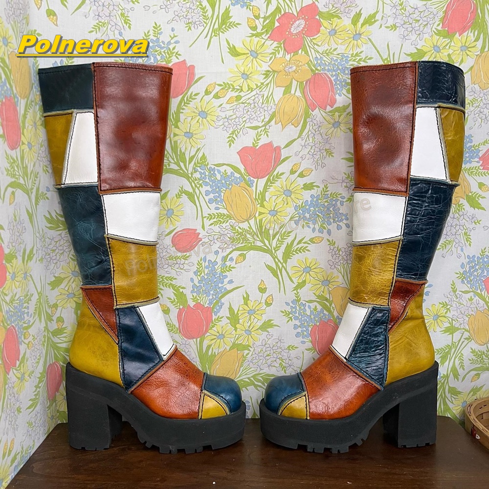Vintage Fashion Style - Sepatu Boots Kulit Wanita Retro Patchwork