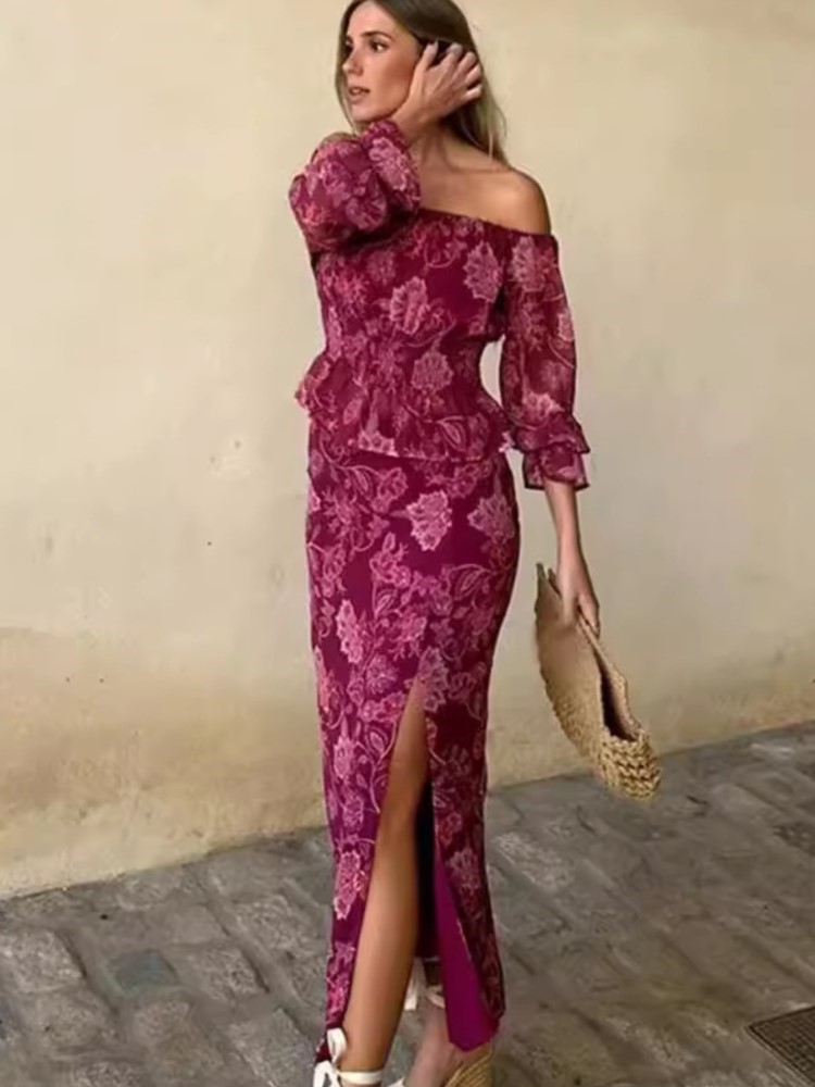 Vintage Fashion Club - Set Dua Potong Cetak Elegan Seksi