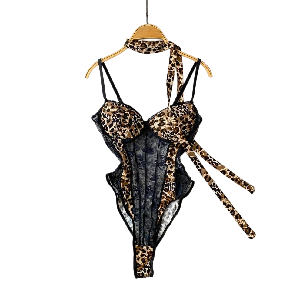 Vintage Fashion Women - Bodysuit wanita model V-neck motif leopard,