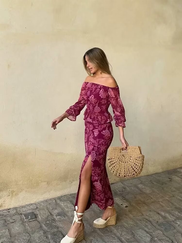 Set Dua Potong Cetak Elegan Se - Vintage Fashion Club ulasan dan harga