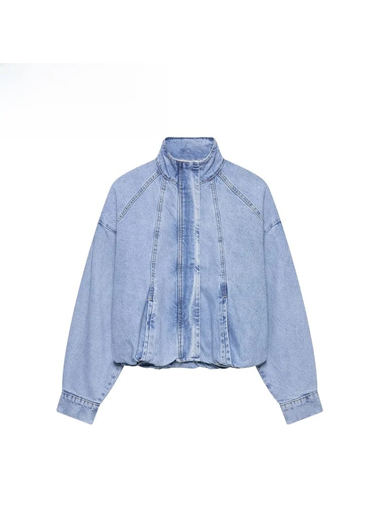 Jaket Bomber Denim Kerah Tegak - Vintage Fashion Women ulasan dan harga