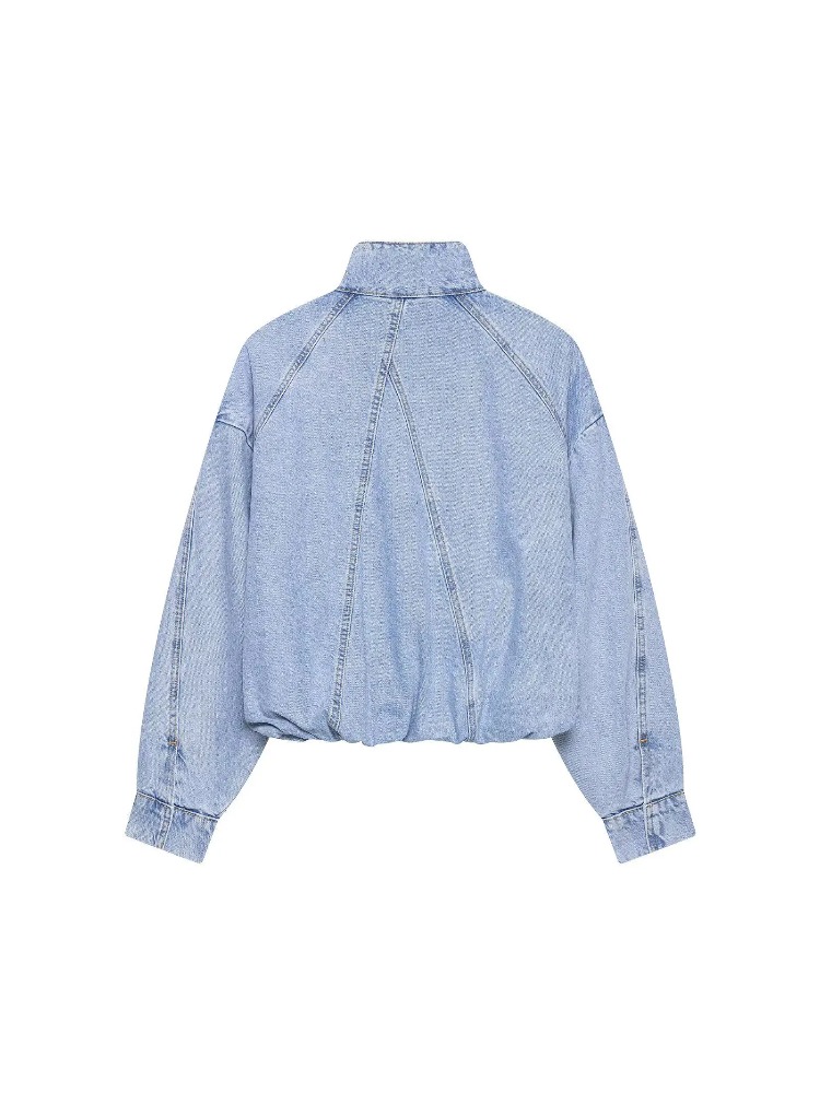 Jaket Bomber Denim Kerah Tegak - Vintage Fashion Women ulasan dan harga