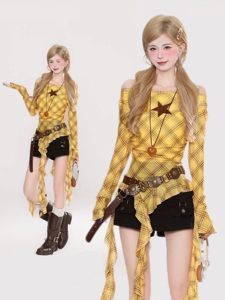 Kaos Vintage Y2K Plaid Slash N - Vintage Fashion Women ulasan dan harga