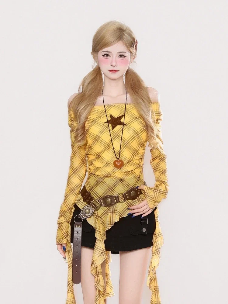 Kaos Vintage Y2K Plaid Slash N - Vintage Fashion Women ulasan dan harga