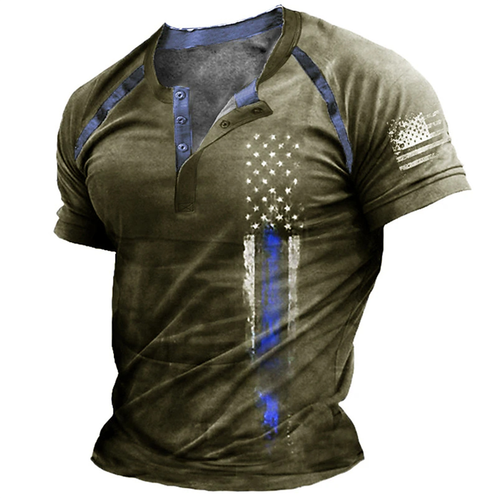 Kaos Henry Pria Motif Bendera  - Vintage Fashion Style ulasan dan harga